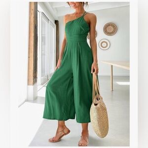 NWT Forest Green Linen Blend One Shoulder Jumpsuit-S